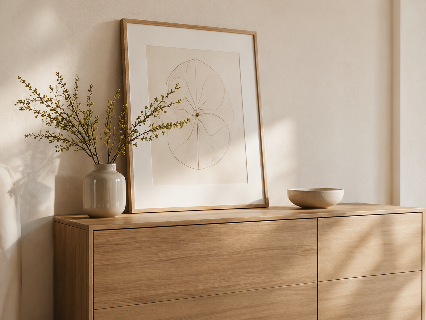 Интерьер с архитектурным постером и деревянной тумбой