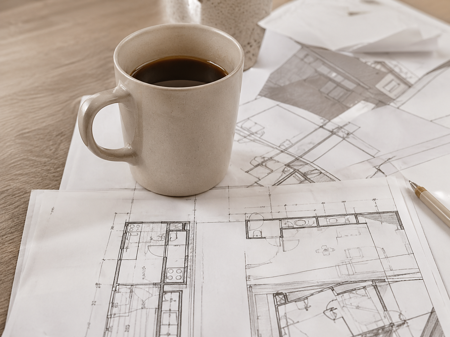 Чертежи дома и чашка кофе на рабочем столе